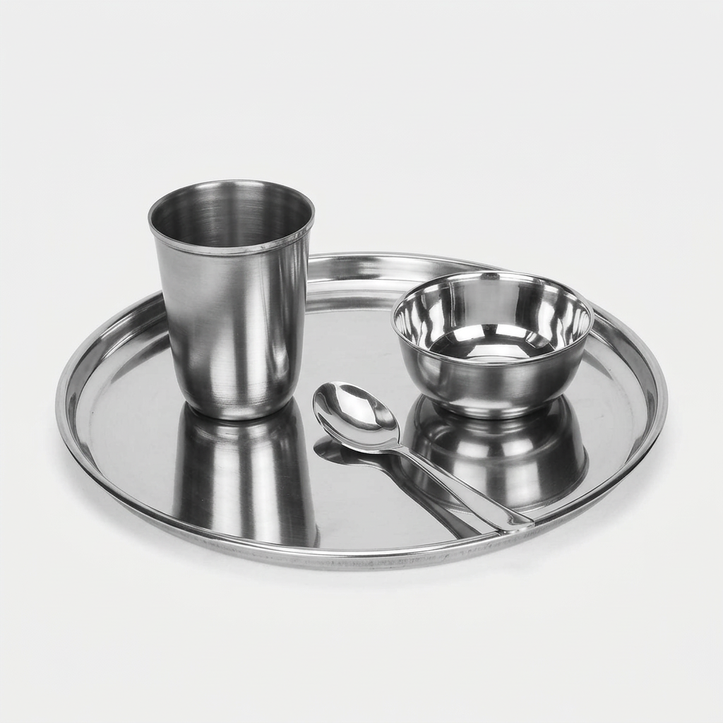 Stainless Steel Dinner Set 4 Pieces | Silver Steel Thali Set with 1 Plate, 1 Bowl, 1 Drinking Glass & 1 Spoon | Reusable Dining Tableware Set for Home, Office, Travel & Everyday Meals