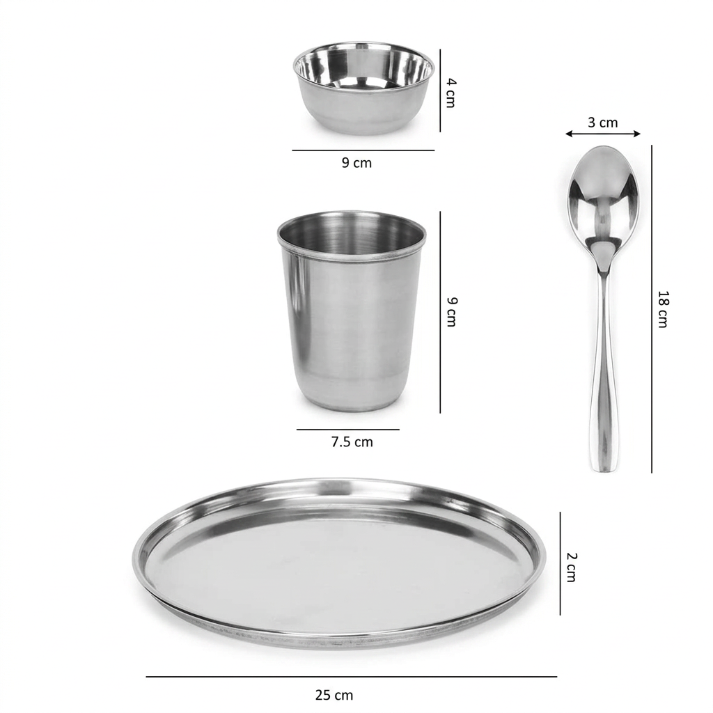 Stainless Steel Dinner Set 4 Pieces | Silver Steel Thali Set with 1 Plate, 1 Bowl, 1 Drinking Glass & 1 Spoon | Reusable Dining Tableware Set for Home, Office, Travel & Everyday Meals