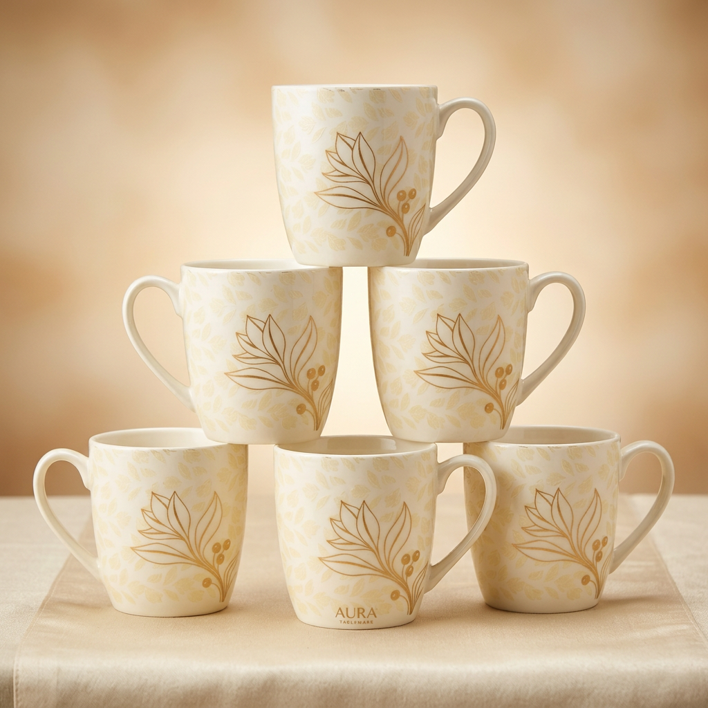 Bone China Cup Set of 6, 220ml White Floral Tea and Coffee Cups, Lightweight Drinkware with Comfortable Handle for Home, Office, Guest Serving and Gifting