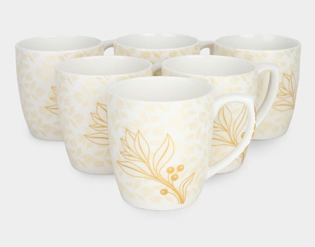 Bone China Cup Set of 6, 220ml White Floral Tea and Coffee Cups, Lightweight Drinkware with Comfortable Handle for Home, Office, Guest Serving and Gifting