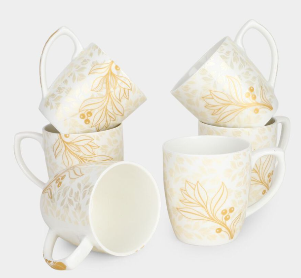 Bone China Cup Set of 6, 220ml White Floral Tea and Coffee Cups, Lightweight Drinkware with Comfortable Handle for Home, Office, Guest Serving and Gifting