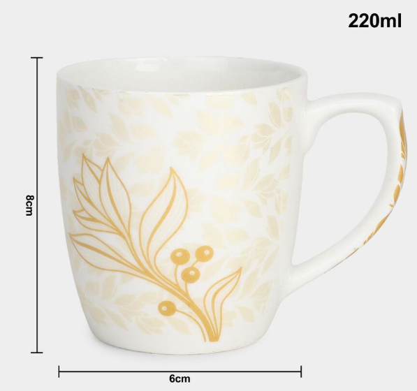 Bone China Cup Set of 6, 220ml White Floral Tea and Coffee Cups, Lightweight Drinkware with Comfortable Handle for Home, Office, Guest Serving and Gifting