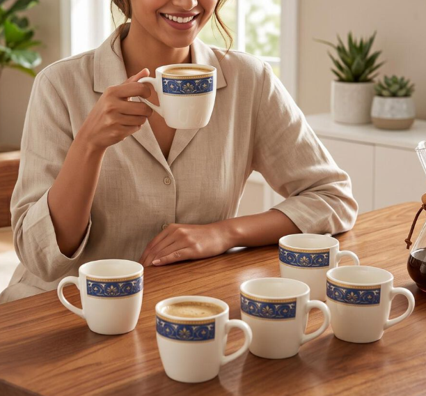 Bio China Mug Set of 6, 150ml White Tea and Coffee Cups with Elegant Blue Floral Border, Lightweight Mugs with Comfortable Handle for Home, Office, Guest Serving and Gifting