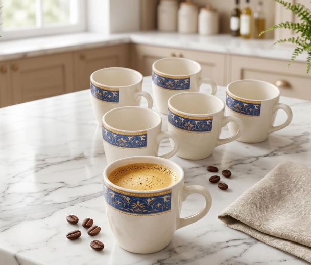 Bio China Mug Set of 6, 150ml White Tea and Coffee Cups with Elegant Blue Floral Border, Lightweight Mugs with Comfortable Handle for Home, Office, Guest Serving and Gifting