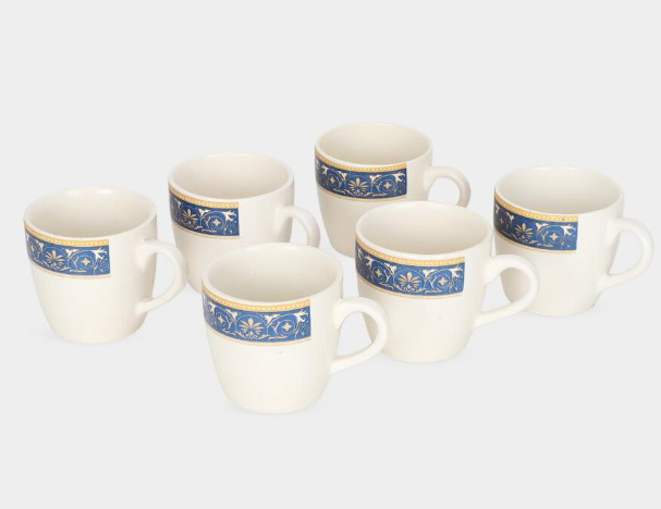 Bio China Mug Set of 6, 150ml White Tea and Coffee Cups with Elegant Blue Floral Border, Lightweight Mugs with Comfortable Handle for Home, Office, Guest Serving and Gifting