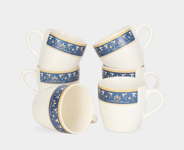 Bio China Mug Set of 6, 150ml White Tea and Coffee Cups with Elegant Blue Floral Border, Lightweight Mugs with Comfortable Handle for Home, Office, Guest Serving and Gifting