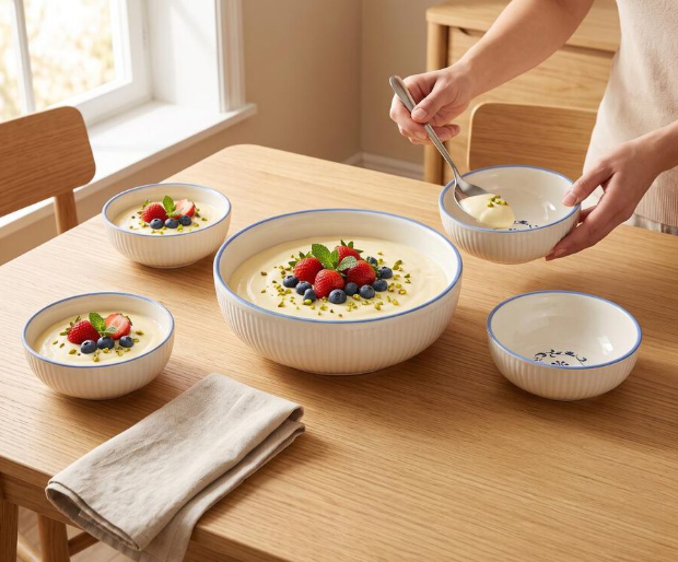 Ceramic Serving Bowl Set of 5, White Floral Design Bowl Set with 1 Large 900ml Serving Bowl and 4 Small 150ml Bowls, Elegant Tableware for Snacks, Salad, Fruits, Curries, Desserts and Dining