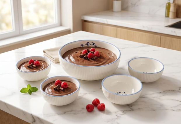 Ceramic Serving Bowl Set of 5, White Floral Design Bowl Set with 1 Large 900ml Serving Bowl and 4 Small 150ml Bowls, Elegant Tableware for Snacks, Salad, Fruits, Curries, Desserts and Dining