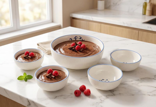 Ceramic Serving Bowl Set of 5, White Floral Design Bowl Set with 1 Large 900ml Serving Bowl and 4 Small 150ml Bowls, Elegant Tableware for Snacks, Salad, Fruits, Curries, Desserts and Dining