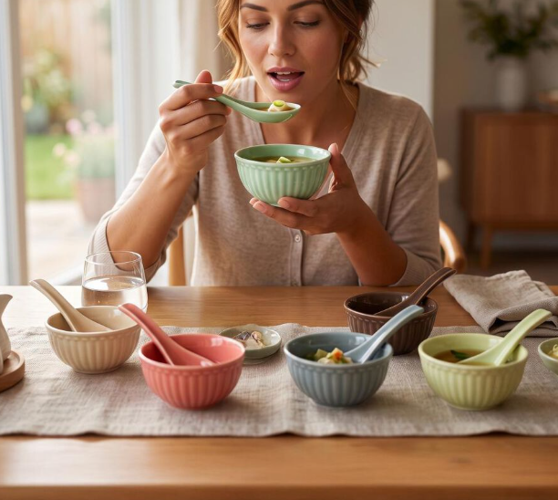 Stoneware Bowl with Matching Spoon Set, 300ml Glazed Ceramic Serving Bowl, 12 × 6 cm Bowl with 16 × 4 cm Spoon, Elegant Tableware for Soup, Desserts, Ice Cream, Cereal, Snacks and Dips