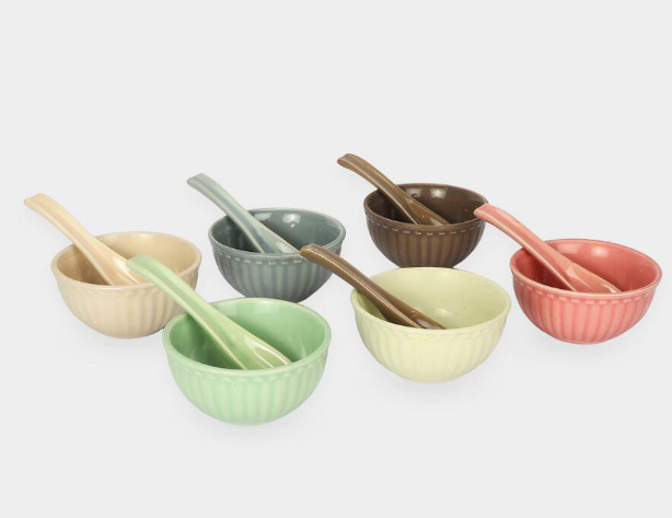Stoneware Bowl with Matching Spoon Set, 300ml Glazed Ceramic Serving Bowl, 12 × 6 cm Bowl with 16 × 4 cm Spoon, Elegant Tableware for Soup, Desserts, Ice Cream, Cereal, Snacks and Dips