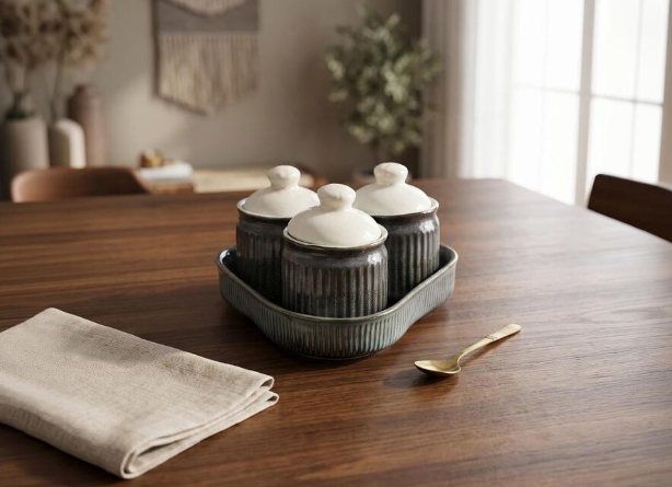 Stoneware Condiment Jar Set with Tray, Set of 3 Blue Glazed Storage Ja ...