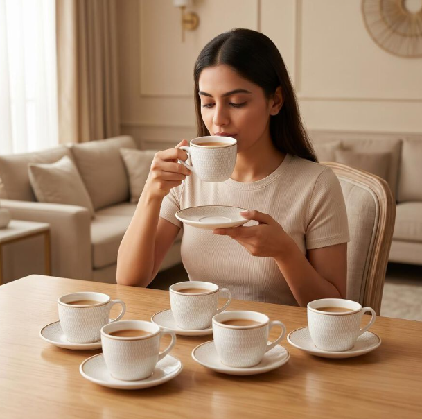 Bio China Tea Cup and Saucer Set of 6, 200ml White Cups with Textured ...