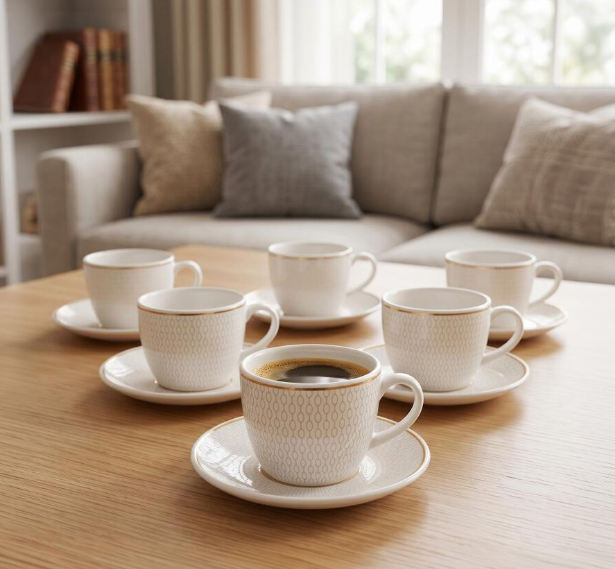 Bio China Tea Cup and Saucer Set of 6, 200ml White Cups with Textured ...
