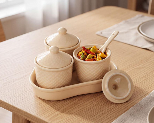 Stoneware Condiment Jar Set with Tray, 3 Ivory Storage Jars with Matching Lids and Textured Design, Multipurpose Kitchen Organizer for Sugar, Salt, Spices, Dry Fruits and Mouth Fresheners