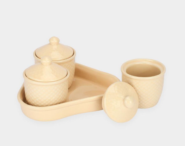 Stoneware Condiment Jar Set with Tray, 3 Ivory Storage Jars with Matching Lids and Textured Design, Multipurpose Kitchen Organizer for Sugar, Salt, Spices, Dry Fruits and Mouth Fresheners