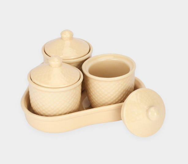 Stoneware Condiment Jar Set with Tray, 3 Ivory Storage Jars with Matching Lids and Textured Design, Multipurpose Kitchen Organizer for Sugar, Salt, Spices, Dry Fruits and Mouth Fresheners