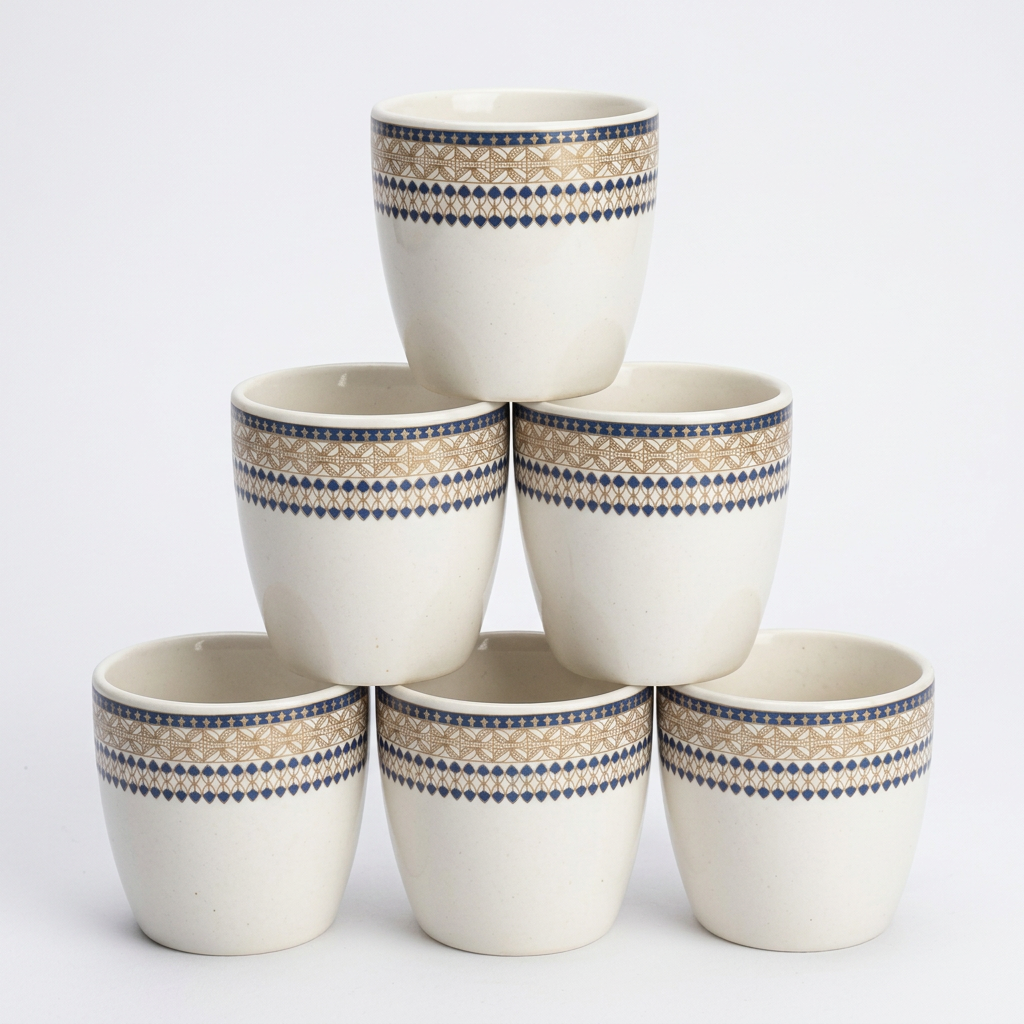 Bone China Mug Set of 6, 120ml White Tea and Coffee Cups with Blue and Gold Printed Border Design, Lightweight Drinkware with Comfortable Handle for Home, Office, Guest Serving and Gifting