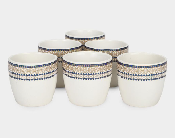 Bone China Mug Set of 6, 120ml White Tea and Coffee Cups with Blue and Gold Printed Border Design, Lightweight Drinkware with Comfortable Handle for Home, Office, Guest Serving and Gifting