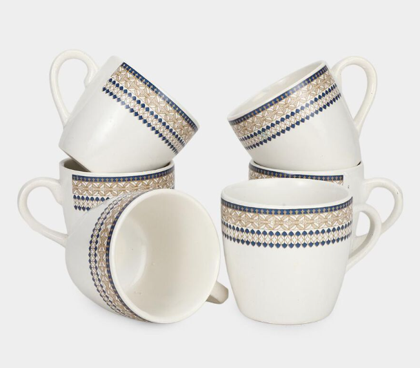 Bone China Mug Set of 6, 120ml White Tea and Coffee Cups with Blue and Gold Printed Border Design, Lightweight Drinkware with Comfortable Handle for Home, Office, Guest Serving and Gifting