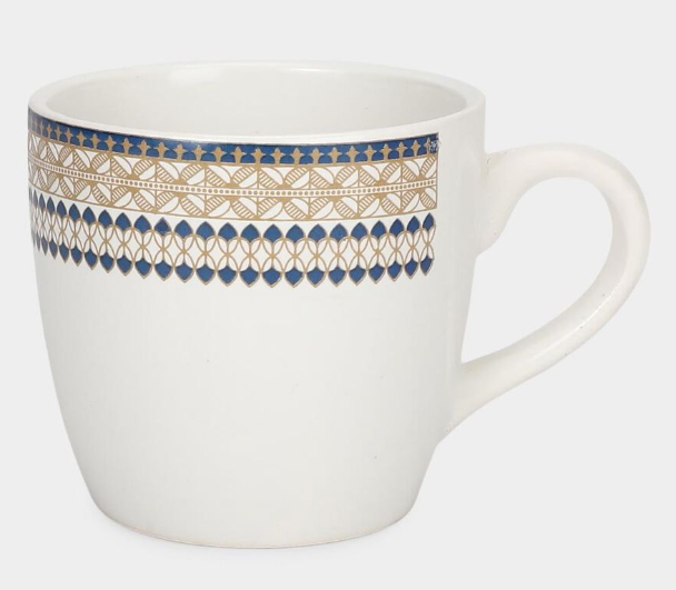 Bone China Mug Set of 6, 120ml White Tea and Coffee Cups with Blue and Gold Printed Border Design, Lightweight Drinkware with Comfortable Handle for Home, Office, Guest Serving and Gifting