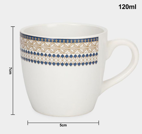 Bone China Mug Set of 6, 120ml White Tea and Coffee Cups with Blue and Gold Printed Border Design, Lightweight Drinkware with Comfortable Handle for Home, Office, Guest Serving and Gifting