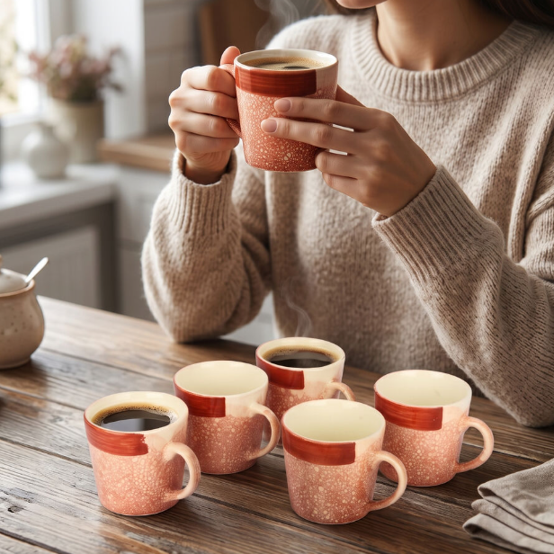 Bio China Mug Set of 6, 120ml Orange Textured Tea and Coffee Cups with Comfortable Handle, Lightweight Drinkware for Home, Office, Guest Serving and Gifting