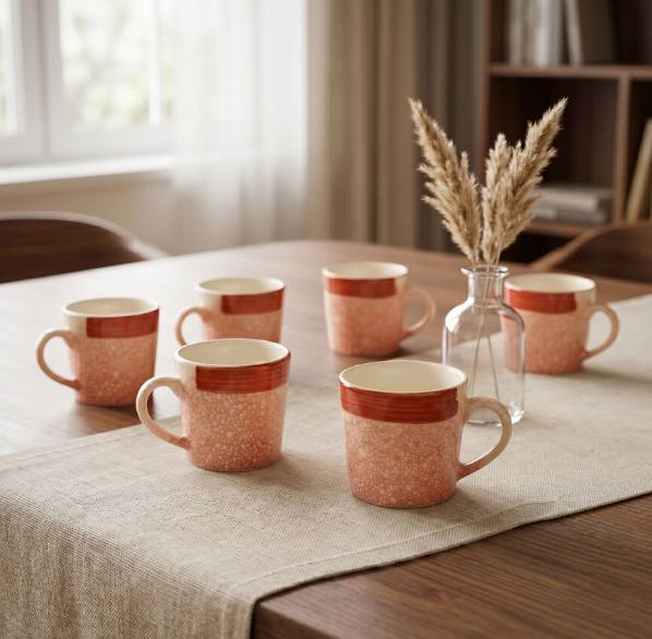 Bio China Mug Set of 6, 120ml Orange Textured Tea and Coffee Cups with Comfortable Handle, Lightweight Drinkware for Home, Office, Guest Serving and Gifting