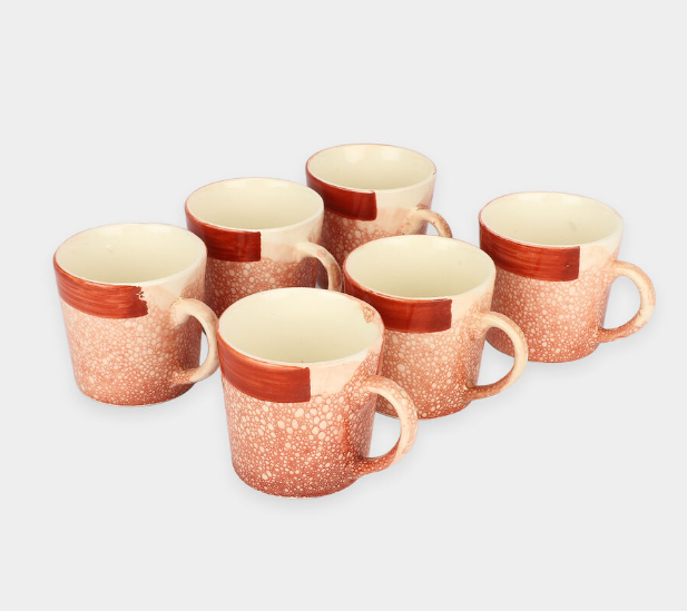 Bio China Mug Set of 6, 120ml Orange Textured Tea and Coffee Cups with Comfortable Handle, Lightweight Drinkware for Home, Office, Guest Serving and Gifting