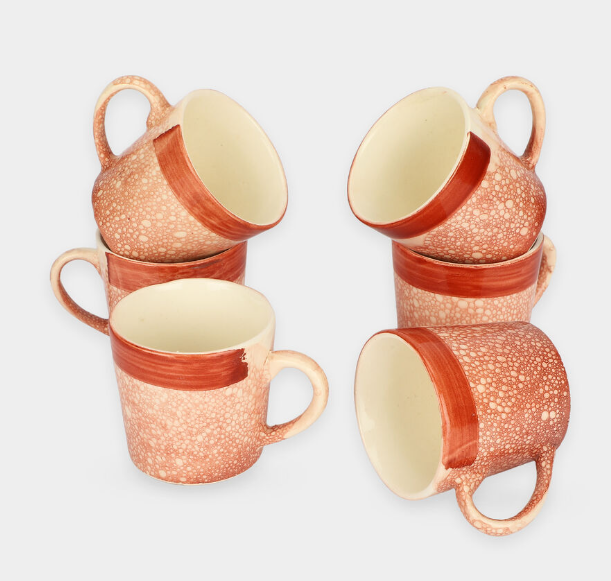 Bio China Mug Set of 6, 120ml Orange Textured Tea and Coffee Cups with Comfortable Handle, Lightweight Drinkware for Home, Office, Guest Serving and Gifting