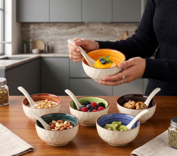Stoneware Bowl with Matching Spoon Set, 300ml White Serving Bowl with Glazed Interior, Elegant Ceramic-Style Bowl for Soup, Cereal, Snacks, Ice Cream, Desserts and Dips, 2-Piece Set