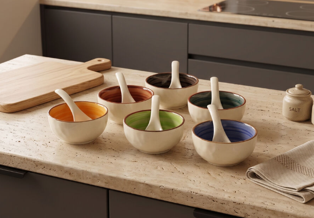 Stoneware Bowl with Matching Spoon Set, 300ml White Serving Bowl with Glazed Interior, Elegant Ceramic-Style Bowl for Soup, Cereal, Snacks, Ice Cream, Desserts and Dips, 2-Piece Set
