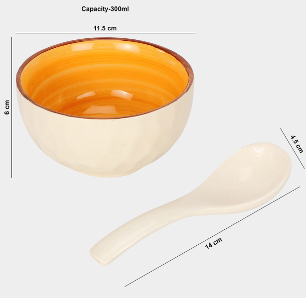 Stoneware Bowl with Matching Spoon Set, 300ml White Serving Bowl with Glazed Interior, Elegant Ceramic-Style Bowl for Soup, Cereal, Snacks, Ice Cream, Desserts and Dips, 2-Piece Set