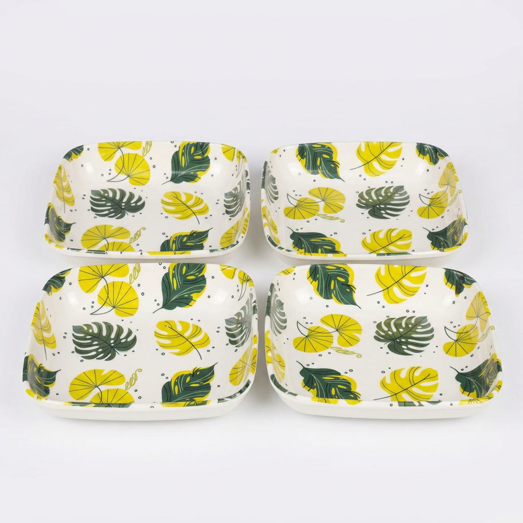 Printed Plastic Snacks Plate Set of 4, Square White Plates with Tropical Leaf Design, 15 cm Serving Plates for Snacks, Desserts, Fruits, Biscuits, Sandwiches and Appetizers