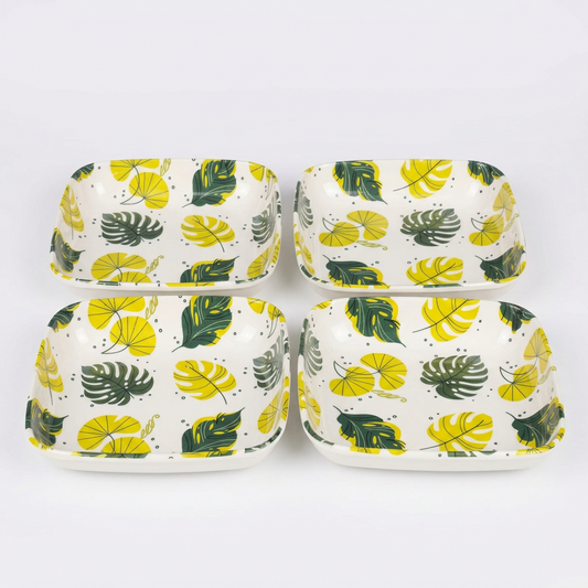 Printed Plastic Snacks Plate Set of 4, Square White Plates with Tropical Leaf Design, 15 cm Serving Plates for Snacks, Desserts, Fruits, Biscuits, Sandwiches and Appetizers