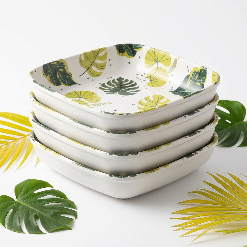 Printed Plastic Snacks Plate Set of 4, Square White Plates with Tropical Leaf Design, 15 cm Serving Plates for Snacks, Desserts, Fruits, Biscuits, Sandwiches and Appetizers
