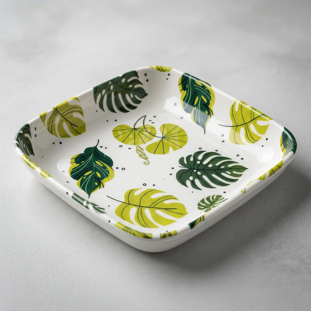 Printed Plastic Snacks Plate Set of 4, Square White Plates with Tropical Leaf Design, 15 cm Serving Plates for Snacks, Desserts, Fruits, Biscuits, Sandwiches and Appetizers