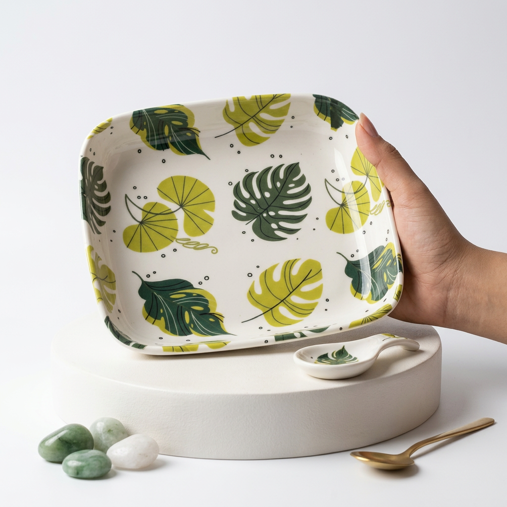 Printed Plastic Snacks Plate Set of 4, Square White Plates with Tropical Leaf Design, 15 cm Serving Plates for Snacks, Desserts, Fruits, Biscuits, Sandwiches and Appetizers