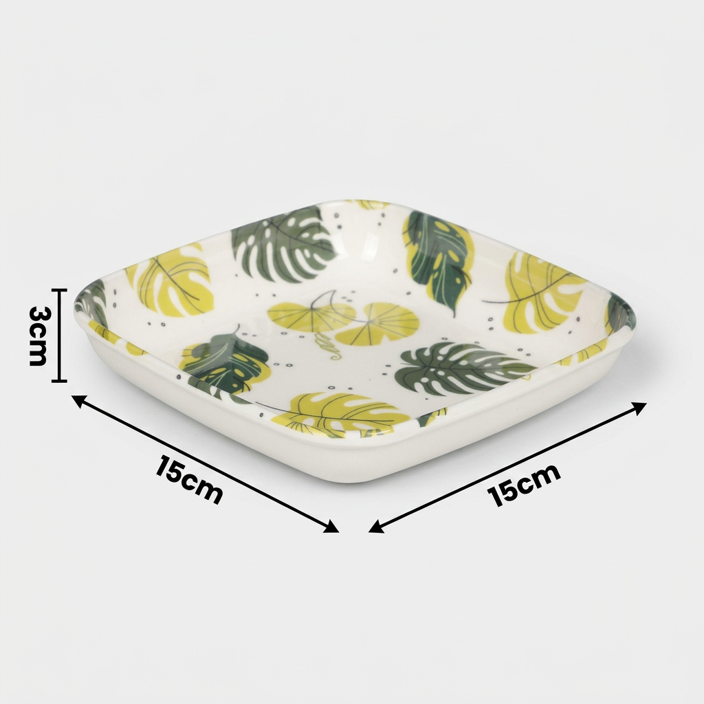 Printed Plastic Snacks Plate Set of 4, Square White Plates with Tropical Leaf Design, 15 cm Serving Plates for Snacks, Desserts, Fruits, Biscuits, Sandwiches and Appetizers