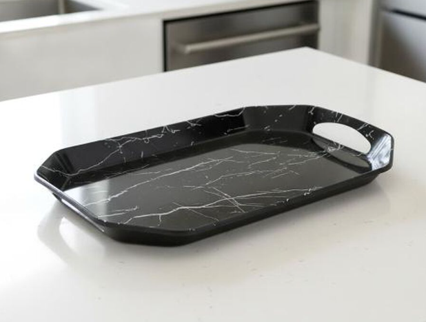 Melamine Serving Tray with Handles, Black Marble Design Rectangular Tray, Lightweight Multipurpose Food, Tea, Coffee and Snack Serving Tray for Kitchen, Dining Table and Home, 37 × 23.5 × 3 cm