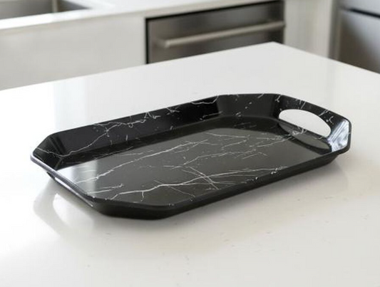 Melamine Serving Tray with Handles, Black Marble Design Rectangular Tray, Lightweight Multipurpose Food, Tea, Coffee and Snack Serving Tray for Kitchen, Dining Table and Home, 37 × 23.5 × 3 cm