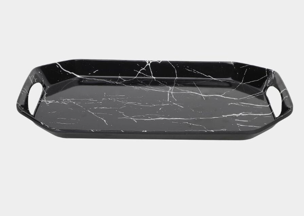 Melamine Serving Tray with Handles, Black Marble Design Rectangular Tray, Lightweight Multipurpose Food, Tea, Coffee and Snack Serving Tray for Kitchen, Dining Table and Home, 37 × 23.5 × 3 cm