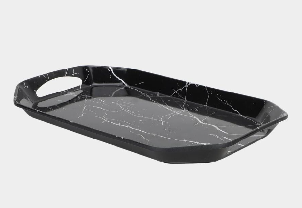 Melamine Serving Tray with Handles, Black Marble Design Rectangular Tray, Lightweight Multipurpose Food, Tea, Coffee and Snack Serving Tray for Kitchen, Dining Table and Home, 37 × 23.5 × 3 cm