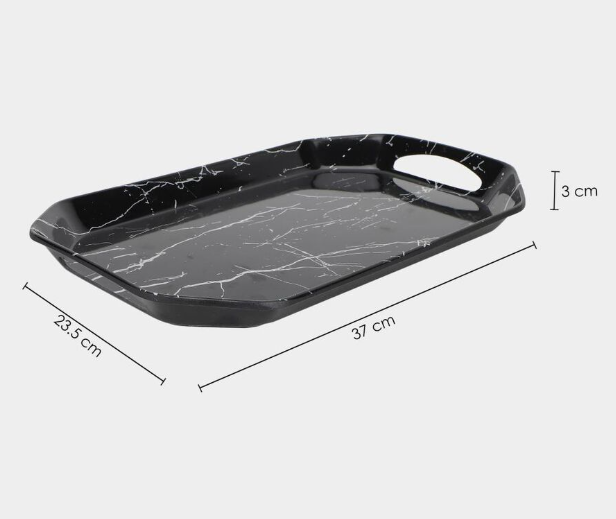 Melamine Serving Tray with Handles, Black Marble Design Rectangular Tray, Lightweight Multipurpose Food, Tea, Coffee and Snack Serving Tray for Kitchen, Dining Table and Home, 37 × 23.5 × 3 cm