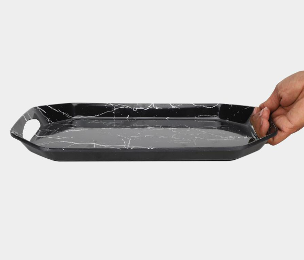 Melamine Serving Tray with Handles, Black Marble Design Rectangular Tray, Lightweight Multipurpose Food, Tea, Coffee and Snack Serving Tray for Kitchen, Dining Table and Home, 37 × 23.5 × 3 cm
