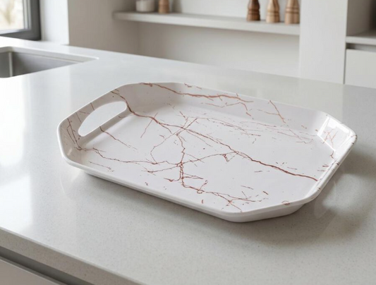 Premium Melamine Serving Tray with Handles, White Marble Design Rectangular Food Tray, Lightweight Multipurpose Tray for Tea, Coffee, Snacks, Breakfast, Desserts and Beverages, Kitchen and Dining, 30 × 22 × 3 cm