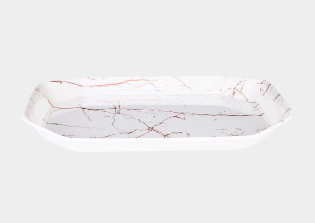 Premium Melamine Serving Tray with Handles, White Marble Design Rectangular Food Tray, Lightweight Multipurpose Tray for Tea, Coffee, Snacks, Breakfast, Desserts and Beverages, Kitchen and Dining, 30 × 22 × 3 cm