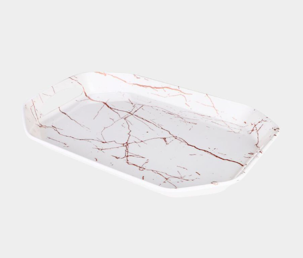 Premium Melamine Serving Tray with Handles, White Marble Design Rectangular Food Tray, Lightweight Multipurpose Tray for Tea, Coffee, Snacks, Breakfast, Desserts and Beverages, Kitchen and Dining, 30 × 22 × 3 cm