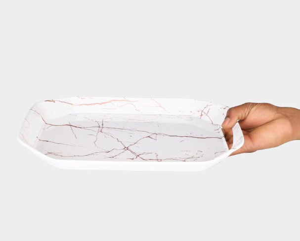 Premium Melamine Serving Tray with Handles, White Marble Design Rectangular Food Tray, Lightweight Multipurpose Tray for Tea, Coffee, Snacks, Breakfast, Desserts and Beverages, Kitchen and Dining, 30 × 22 × 3 cm