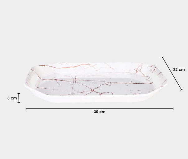 Premium Melamine Serving Tray with Handles, White Marble Design Rectangular Food Tray, Lightweight Multipurpose Tray for Tea, Coffee, Snacks, Breakfast, Desserts and Beverages, Kitchen and Dining, 30 × 22 × 3 cm